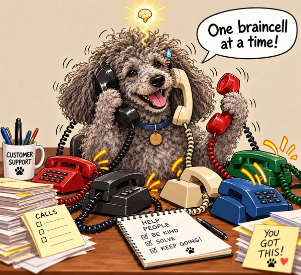 Nemo, our customer service poodle, answering all the phones at once